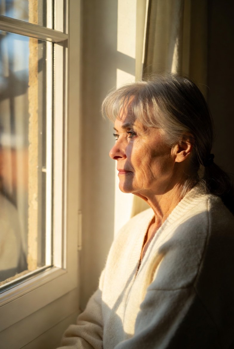 A woman sitting quietly by a sunlit window, looking out