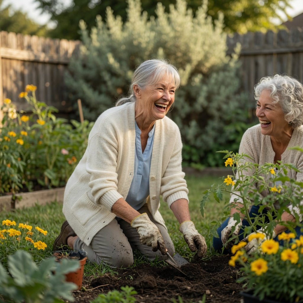 Two women laughing together while gardening in a backyard